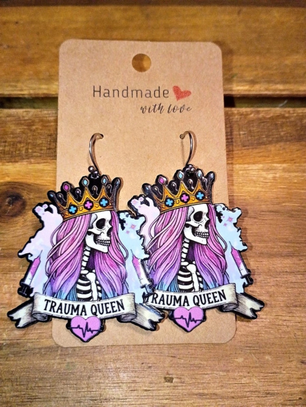 Trauma Queen Crown Skull Fashion Earrings in Pink Blue & Black